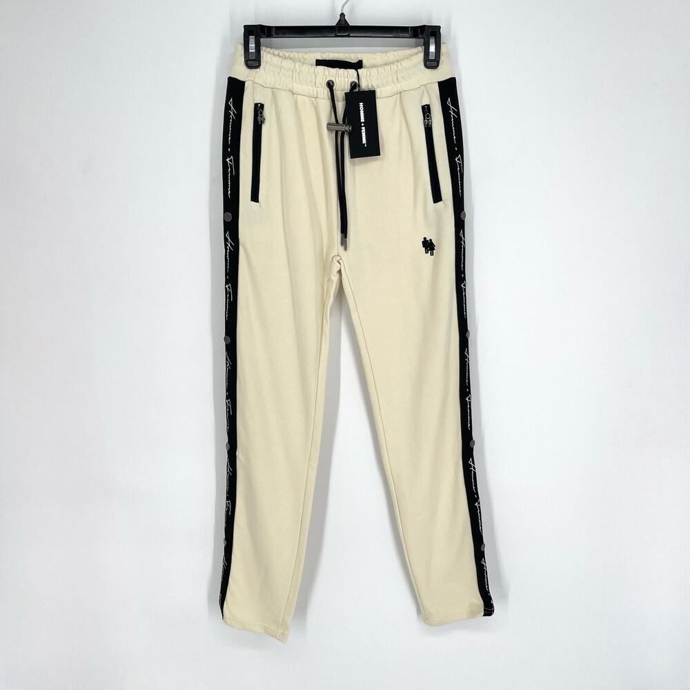 Homme + Femme NEW Signature Track Pants Sz XS Cream Black Stripe Zip Pockets